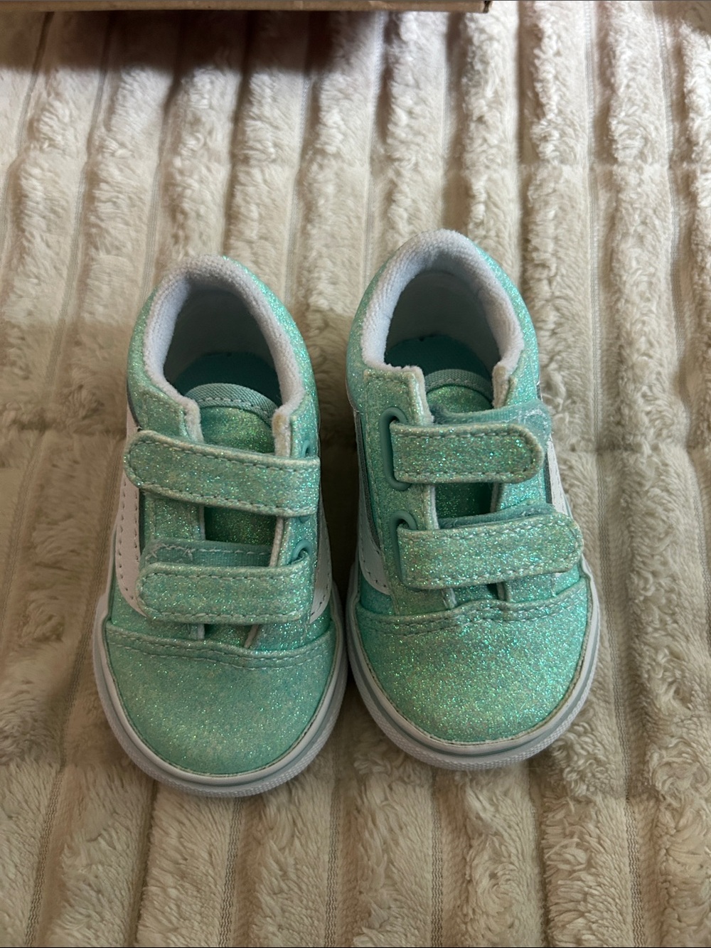 Kids Sparkle Velcro Vans Sneakers in Mint Green